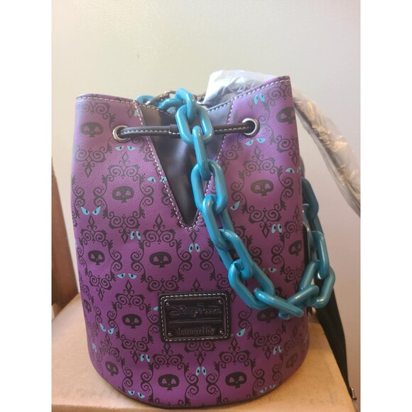 Disney Loungefly Haunted Mansion Wallpaper GITD Purple Drawstring Bucket Bag NEW - Picture 2 of 5